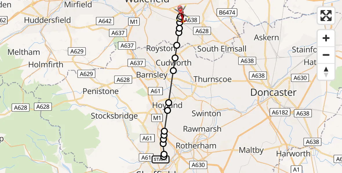Flight route Air Ambulance Helicopter Sheffield Northern Hospital - YAA Nostell Helicopter Port, 14 July 2026, 00:16