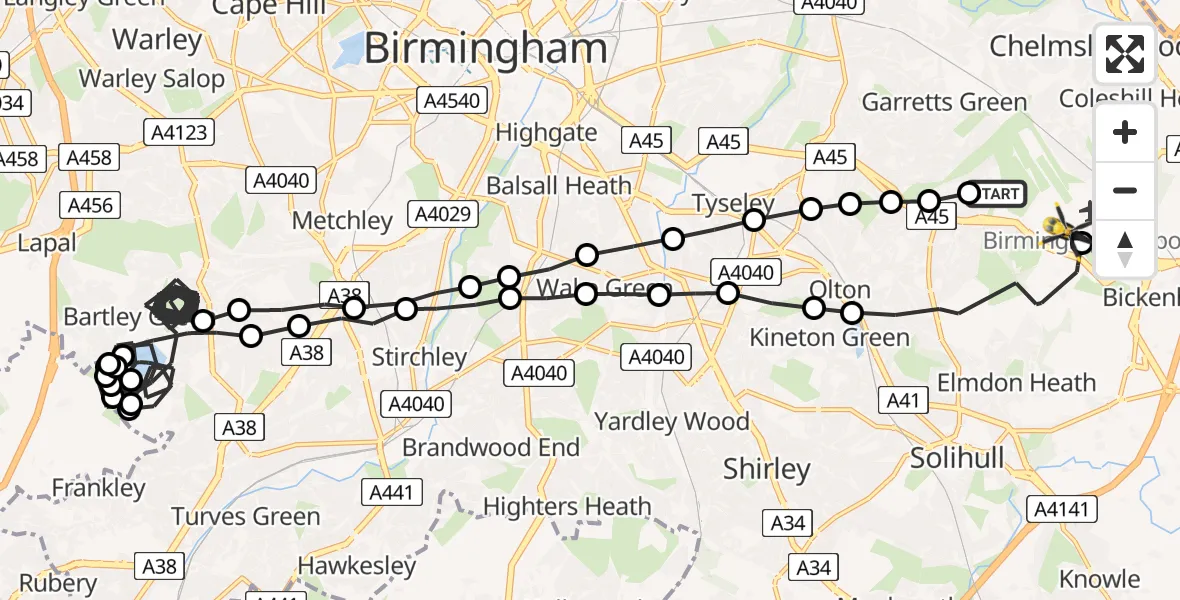 Flight route Police Helicopter Sheldon - Birmingham Airport, 14 July 2026, 02:08
