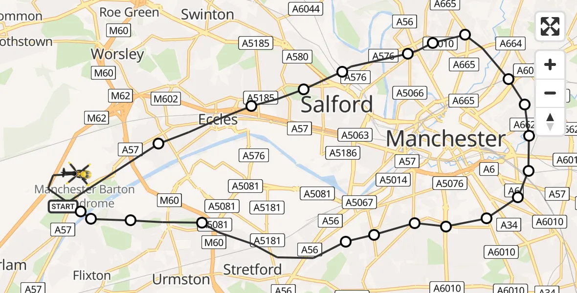 Flight route Police Helicopter Eccles - Manchester Barton Aerodrome, 14 July 2026, 03:47