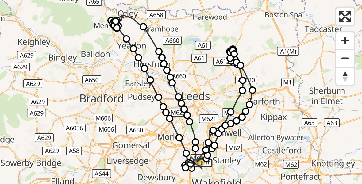 Flight route Police Helicopter Wrenthorpe - East Ardsley, 14 July 2026, 04:47