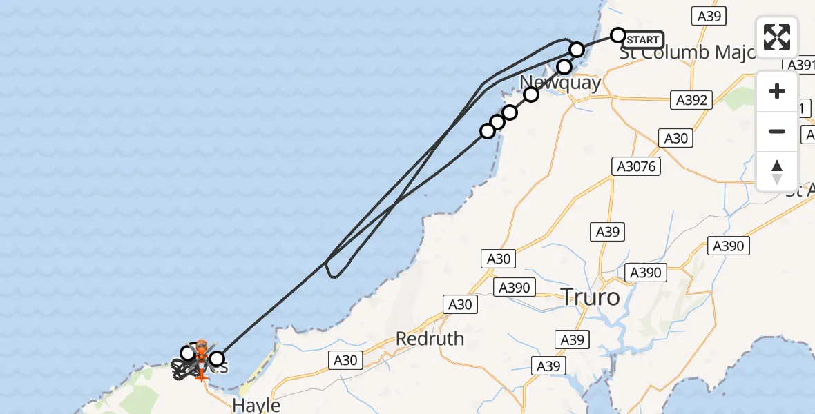 Flight route Coastguard Helicopter Cornwall Airport Newquay - St. Ives, 14 July 2026, 06:06