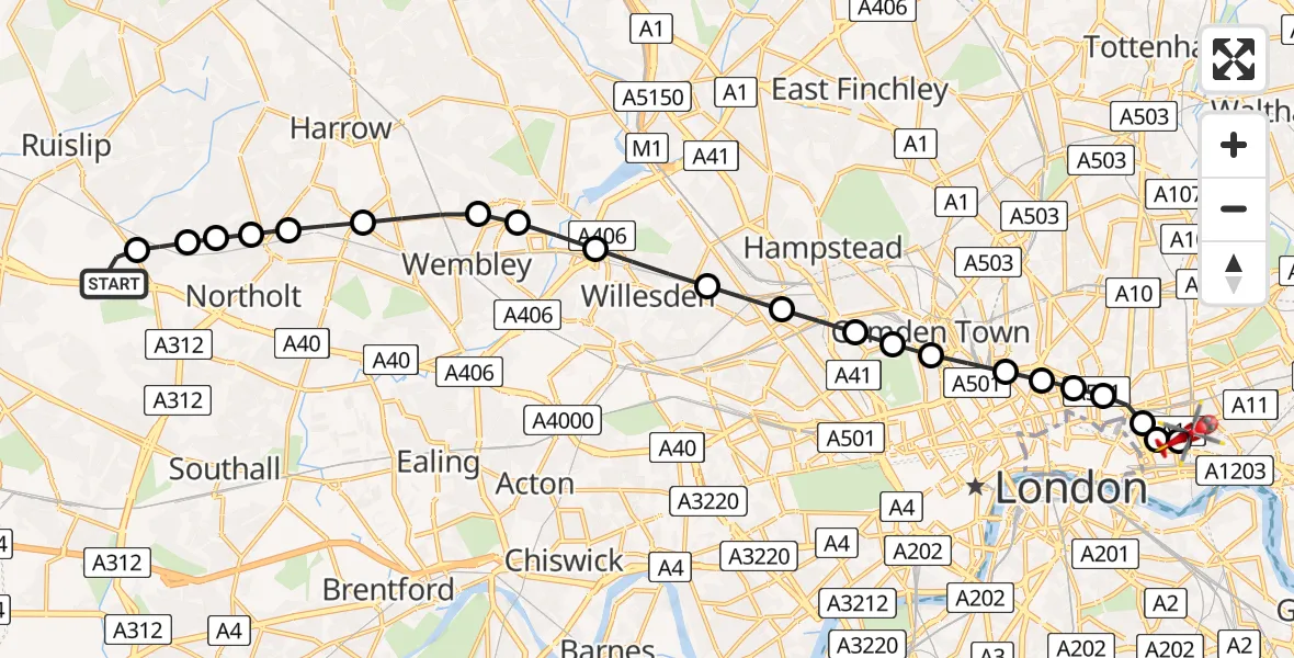 Flight route Air Ambulance Helicopter RAF Northolt - Royal London Hospital, 14 July 2026, 06:35