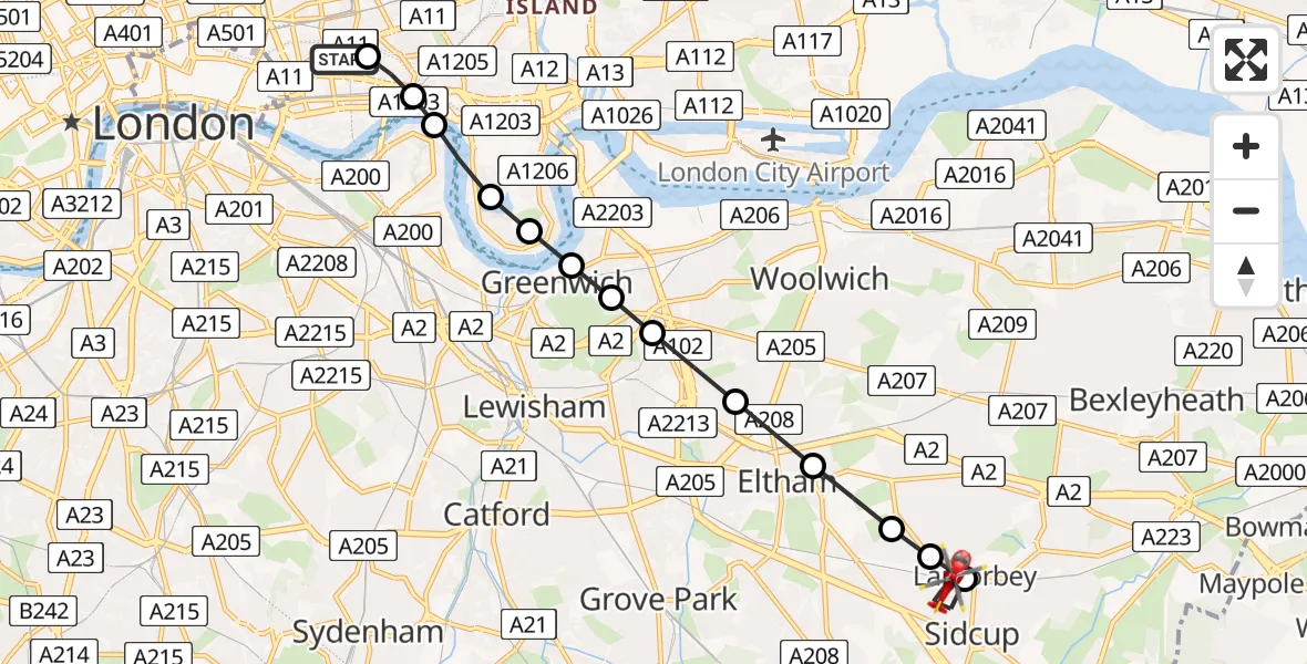 Flight route Air Ambulance Helicopter Royal London Hospital - Longlands, 14 July 2026, 06:54