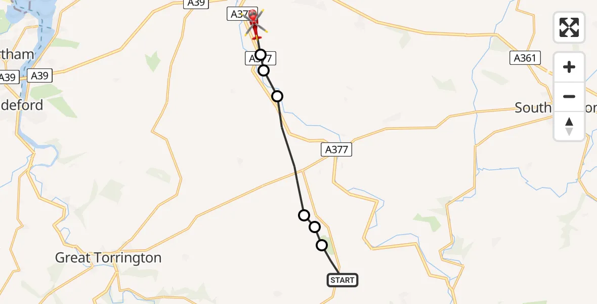 Flight route Air Ambulance Helicopter North Devon - Bishop's Tawton, 14 July 2026, 07:38