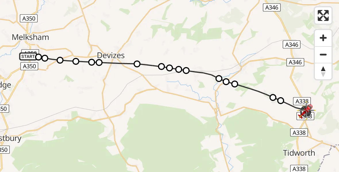 Flight route Air Ambulance Helicopter Wiltshire Air Ambulance - Collingbourne Kingston, 14 July 2026, 07:46