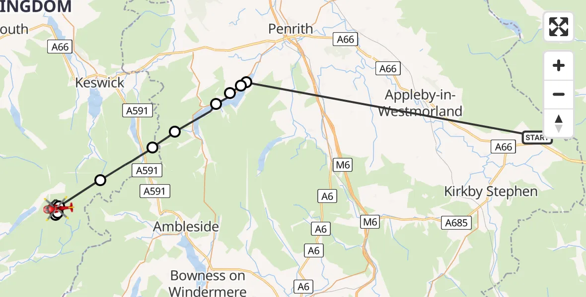 Flight route Air Ambulance Helicopter Stainmore - Wasdale, 14 July 2026, 07:54