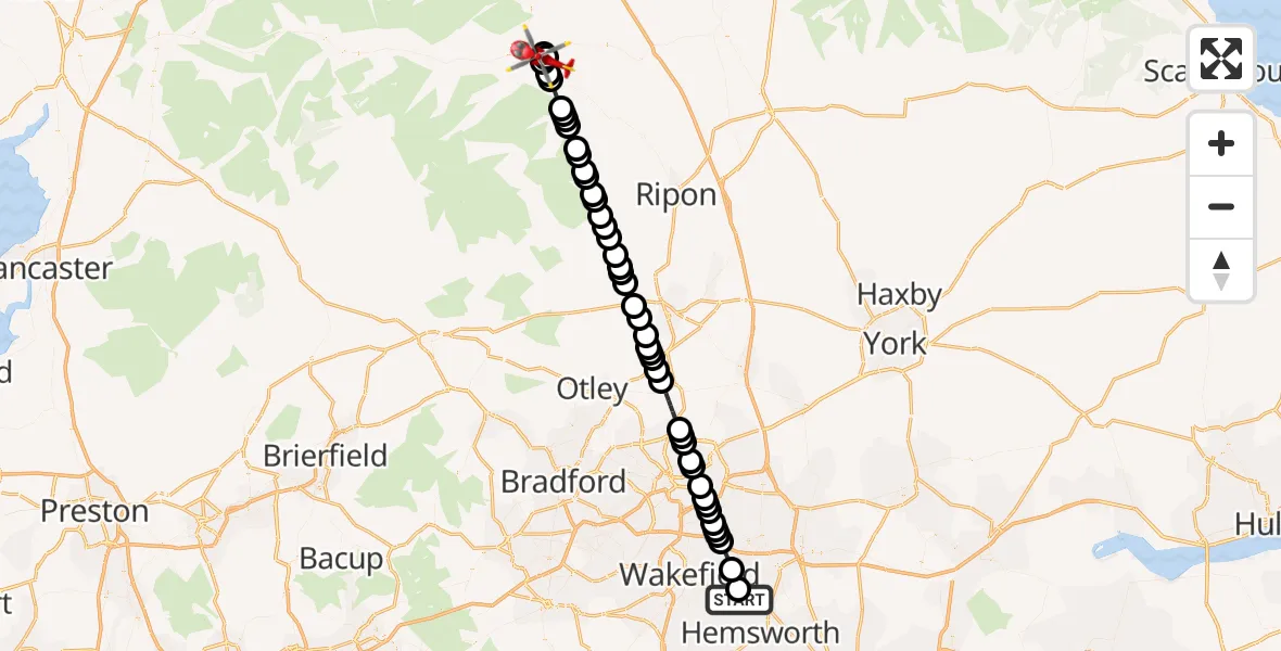 Flight route Air Ambulance Helicopter YAA Nostell Helicopter Port - Spennithorne, 14 July 2026, 07:56