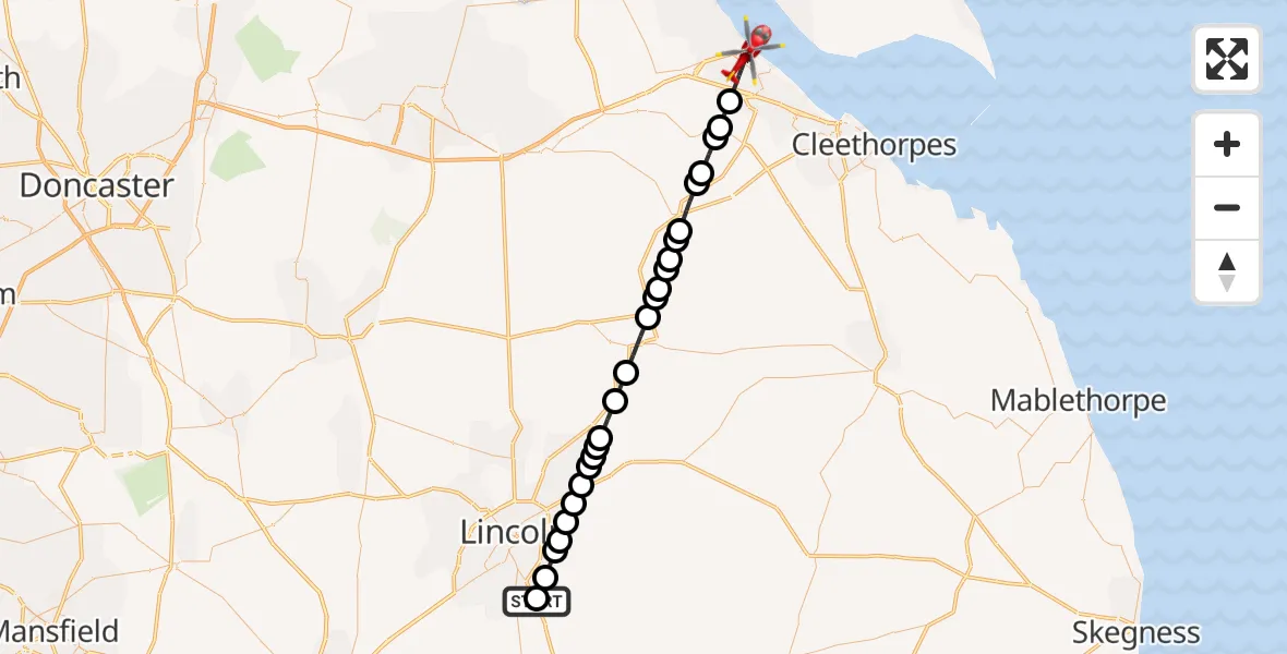 Flight route Air Ambulance Helicopter RAF Waddington - Immingham, 14 July 2026, 07:59