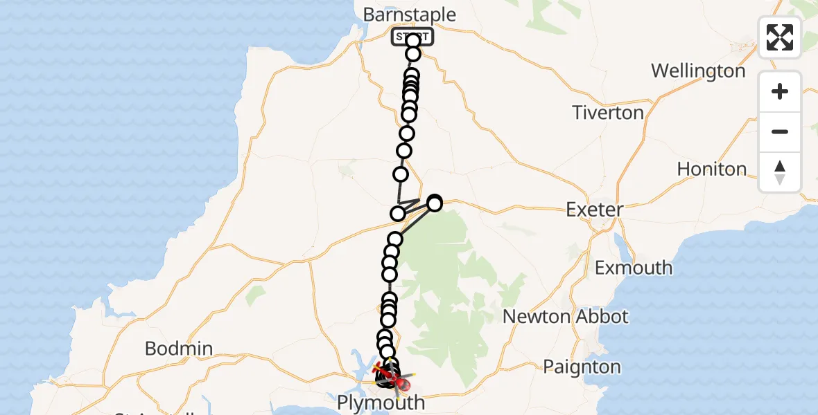 Flight route Air Ambulance Helicopter Tawstock - Derriford Hospital, 14 July 2026, 08:04