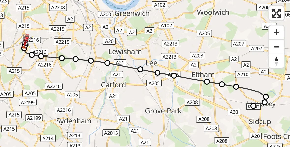 Flight route Air Ambulance Helicopter Longlands - Kings College London Hospital, 14 July 2026, 08:09
