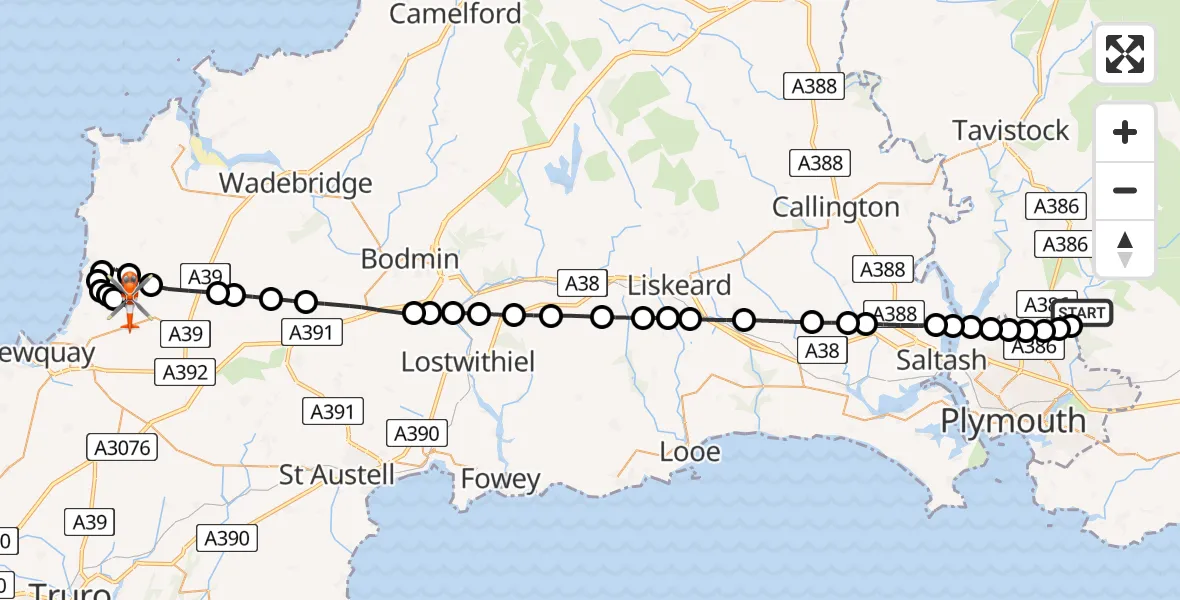 Flight route Coastguard Helicopter Bickleigh - Cornwall Airport Newquay, 14 July 2026, 08:12