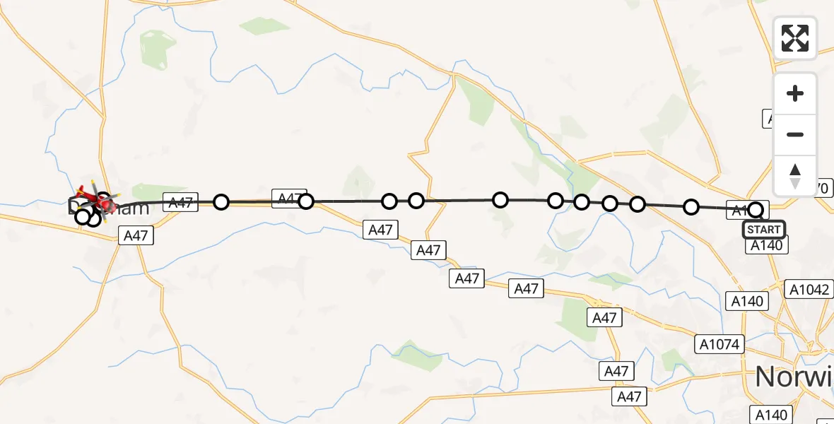 Flight route Air Ambulance Helicopter Norwich Airport - Breckland, 14 July 2026, 08:13