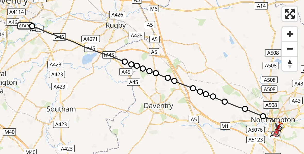 Flight route Air Ambulance Helicopter Coventry Airport - Far Cotton, 14 July 2026, 08:20