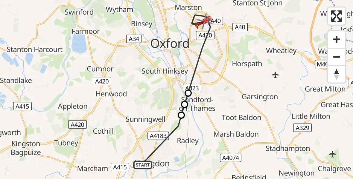 Flight route Air Ambulance Helicopter Abingdon - Oxford, 14 July 2026, 08:36