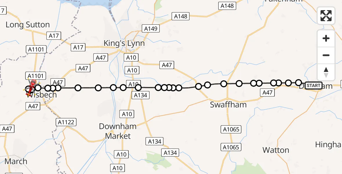 Flight route Air Ambulance Helicopter Breckland - Wisbech, 14 July 2026, 08:36