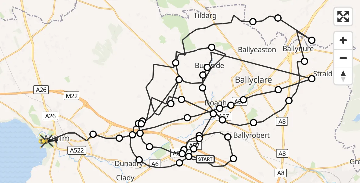 Flight route Police Helicopter Antrim and Newtownabbey District - Antrim, 14 July 2026, 08:57