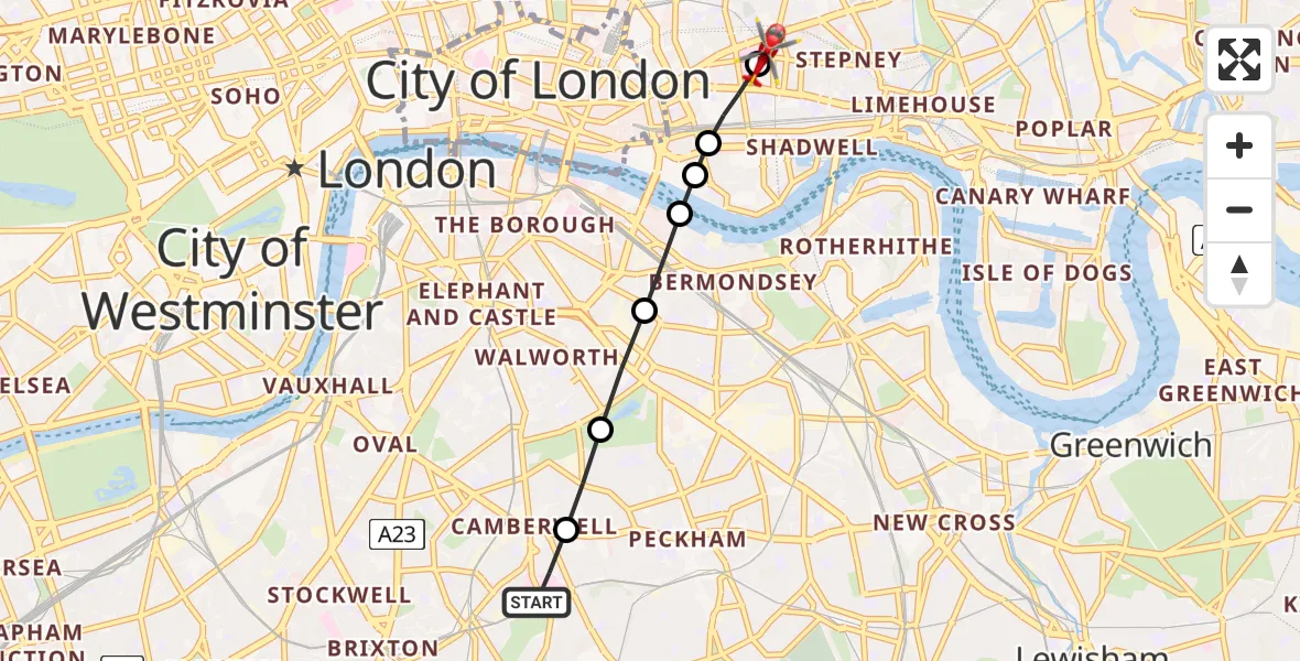 Flight route Air Ambulance Helicopter Kings College London Hospital - Royal London Hospital, 14 July 2026, 08:59