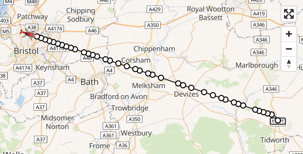Flight route Air Ambulance Helicopter Collingbourne Ducis - Bristol, 14 July 2026, 09:01