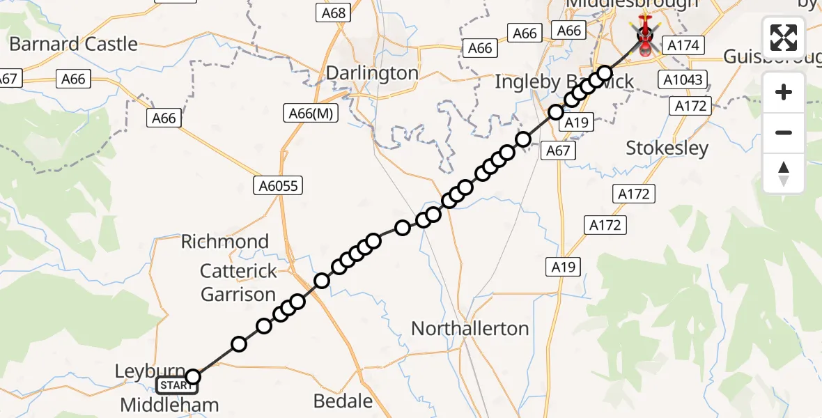 Flight route Air Ambulance Helicopter Spennithorne - James Cook University Hospital, 14 July 2026, 09:06