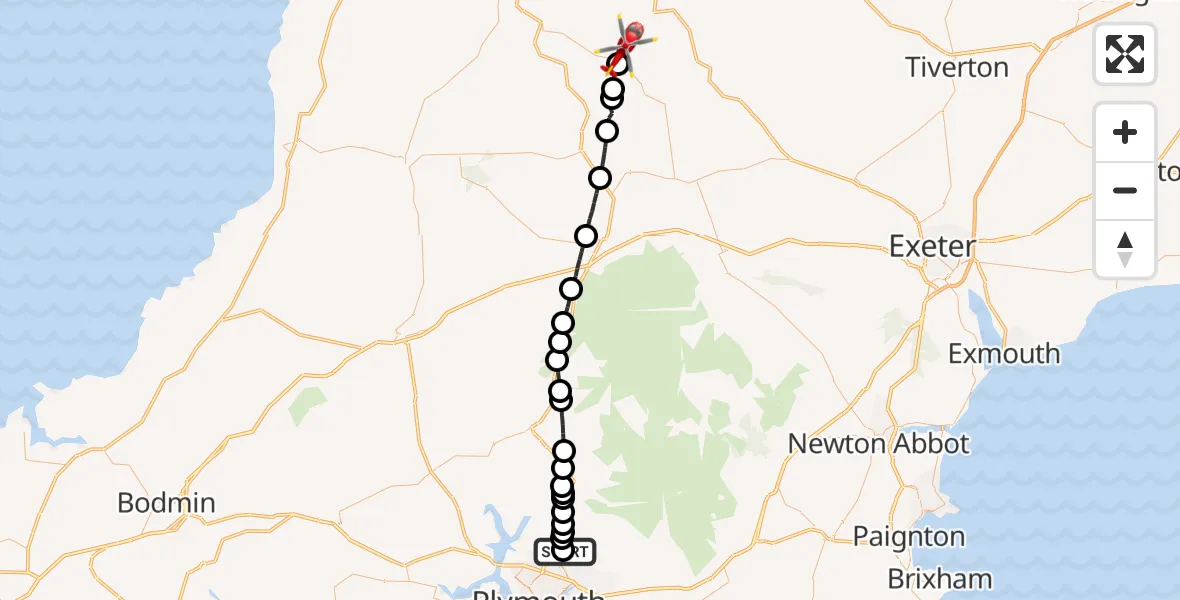 Flight route Air Ambulance Helicopter Glenholt - Roborough, 14 July 2026, 09:07