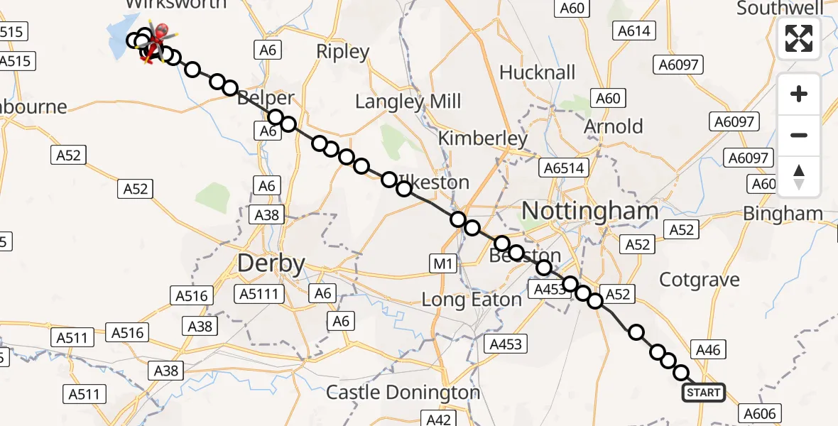 Flight route Air Ambulance Helicopter Nottingham Heliport - Kirk Ireton, 14 July 2026, 09:14