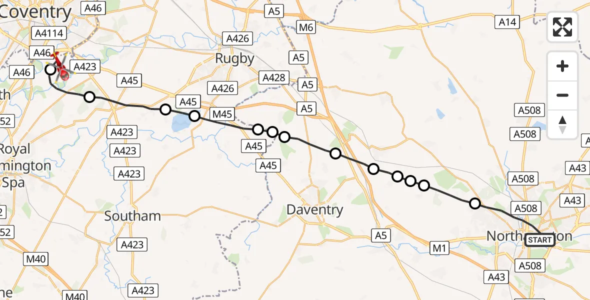 Flight route Air Ambulance Helicopter Northampton - Warwick, 14 July 2026, 09:27