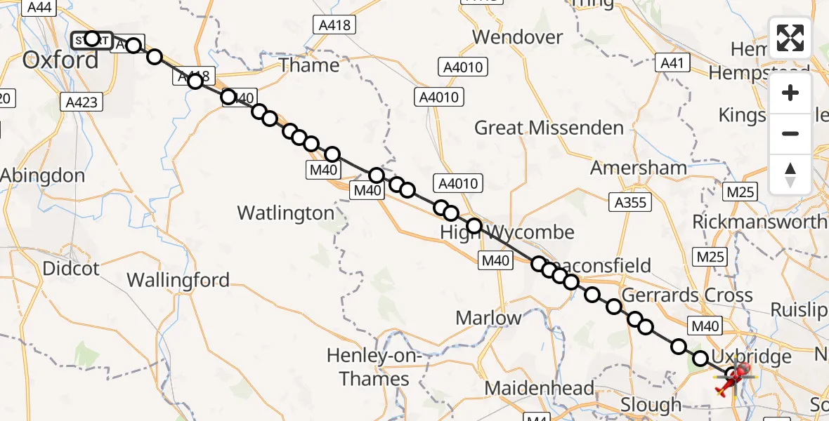 Flight route Air Ambulance Helicopter John Radcliffe Hospital - Iver, 14 July 2026, 09:28