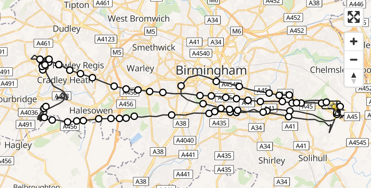 Flight route Police Helicopter Birmingham Airport - Solihull, 14 July 2026, 09:35