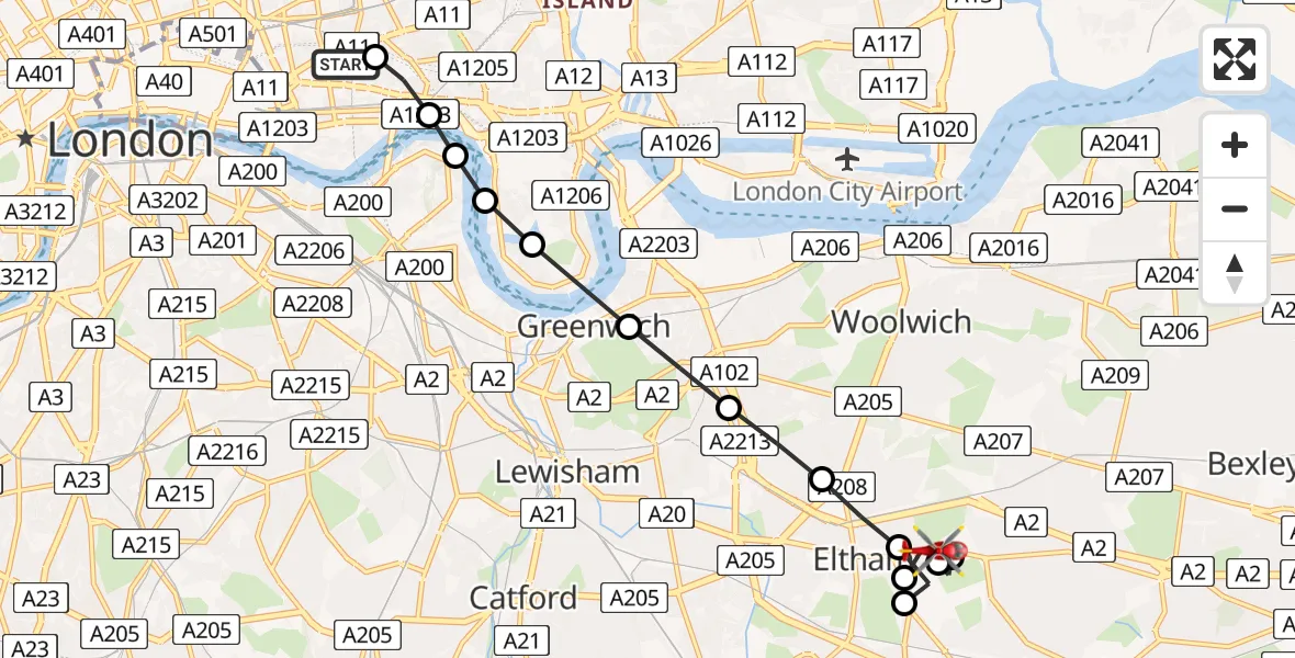 Flight route Air Ambulance Helicopter Royal London Hospital - Avery Hill, 14 July 2026, 09:41