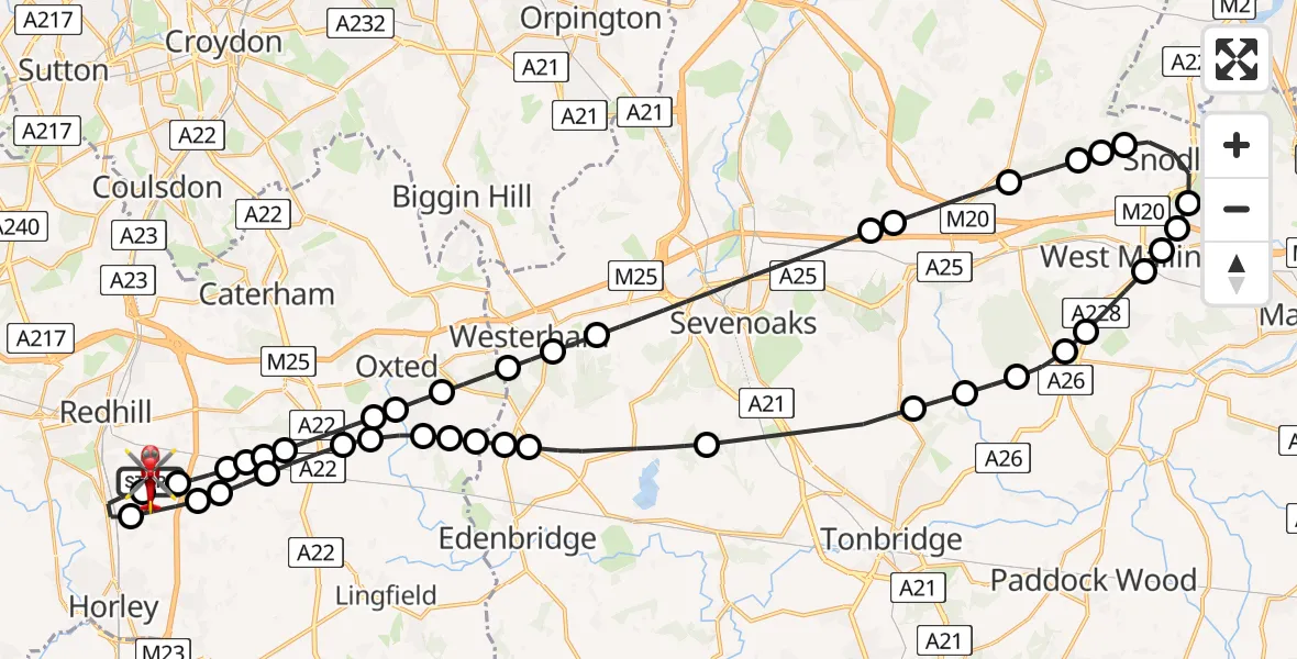 Flight route Air Ambulance Helicopter Redhill Aerodrome - Redhill Aerodrome, 14 July 2026, 09:45
