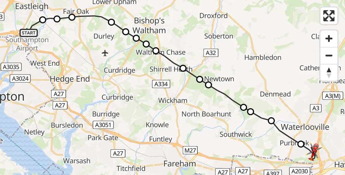 Flight route Air Ambulance Helicopter Southampton Airport - Havant, 14 July 2026, 09:50