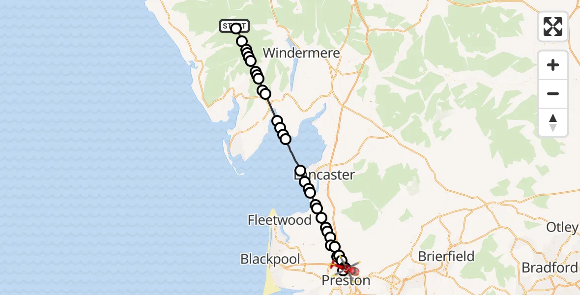 Flight route Air Ambulance Helicopter Wasdale - Royal Preston, 14 July 2026, 09:56