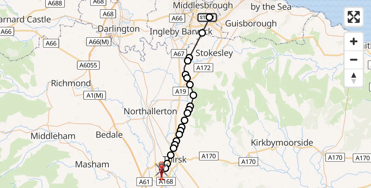 Flight route Air Ambulance Helicopter James Cook University Hospital - RAF Topcliffe, 14 July 2026, 09:57