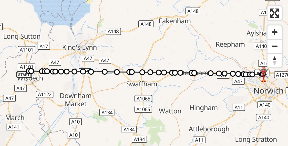 Flight route Air Ambulance Helicopter Leverington - Norwich Airport, 14 July 2026, 10:03