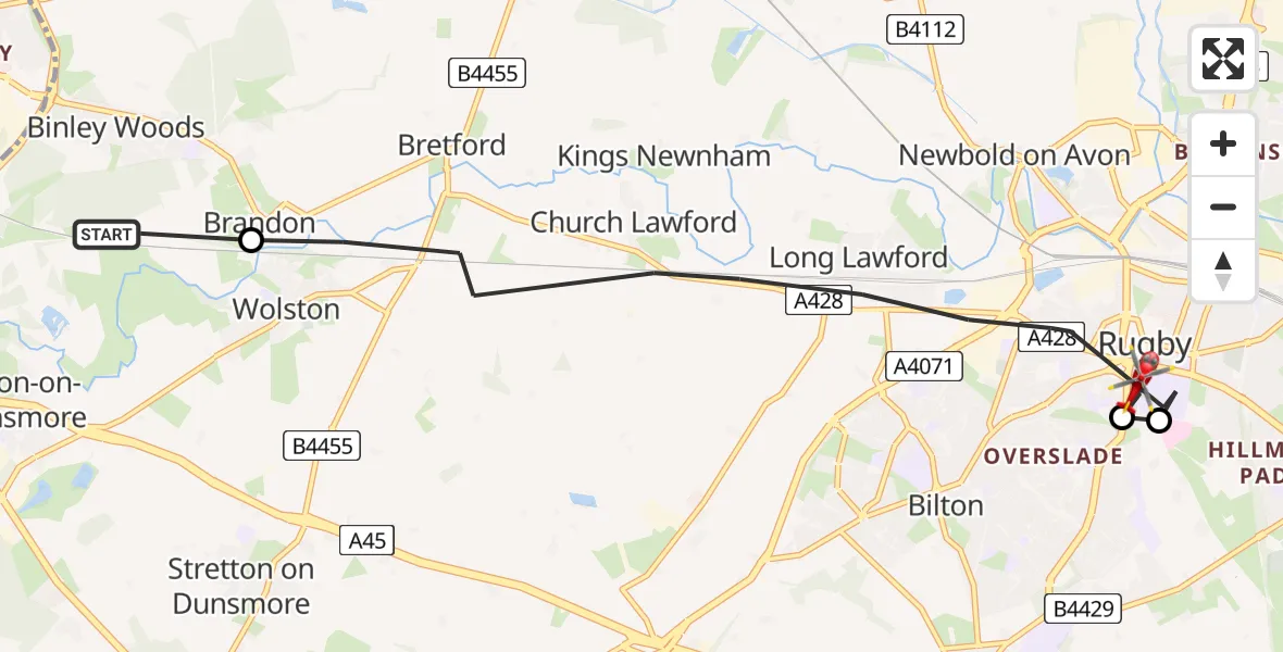 Flight route Air Ambulance Helicopter Rugby - Rugby, 14 July 2026, 10:03