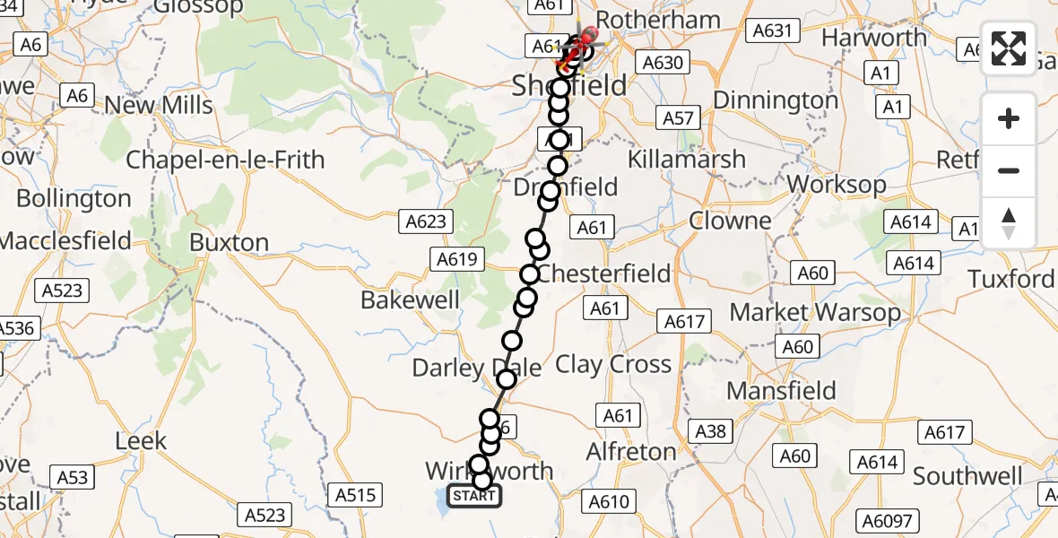 Flight route Air Ambulance Helicopter Derbyshire Dales - Page Hall, 14 July 2026, 10:10