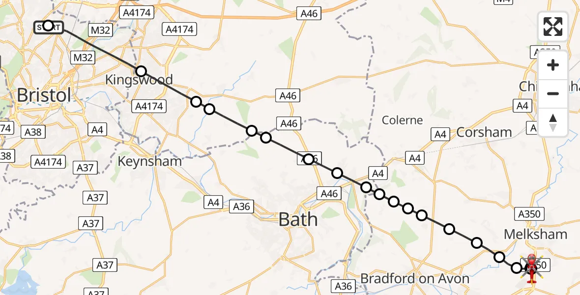 Flight route Air Ambulance Helicopter Southmead Hospital - Wiltshire Air Ambulance, 14 July 2026, 10:18