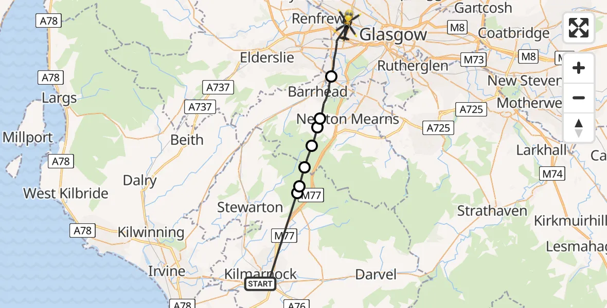 Flight route Police Helicopter Kilmarnock - Glasgow, 14 July 2026, 10:23