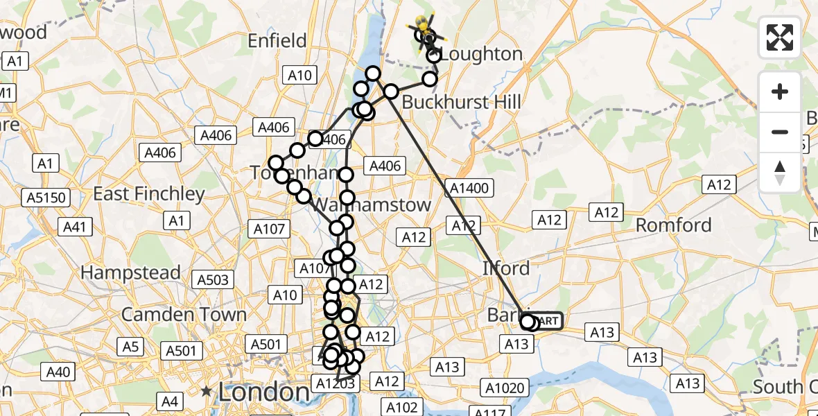 Flight route Police Helicopter Thames View - Metropolitan Police Air Support Unit Lippitts Hill, 14 July 2026, 10:29