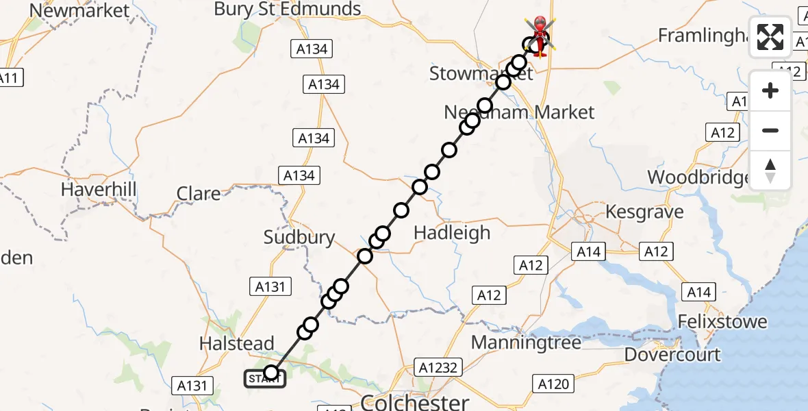 Flight route Air Ambulance Helicopter Earls Colne Airfield - Mendlesham Green, 14 July 2026, 10:34