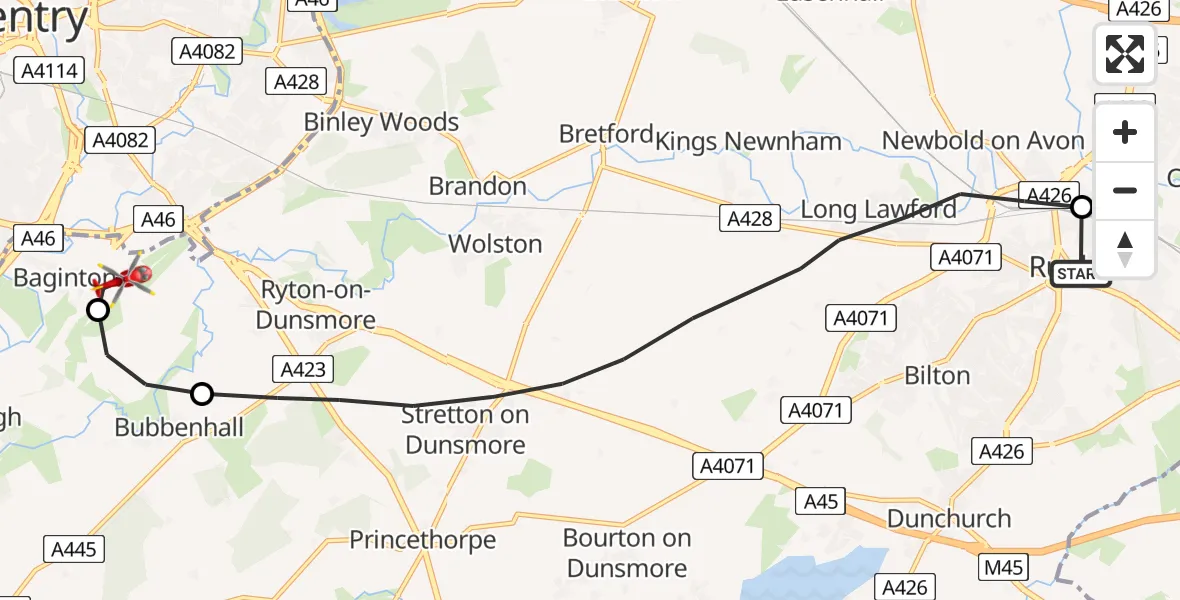 Flight route Air Ambulance Helicopter Rugby - Coventry Airport, 14 July 2026, 10:34