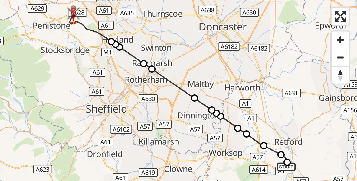 Flight route Air Ambulance Helicopter Retford Gamston Airport - Barnsley, 14 July 2026, 10:39