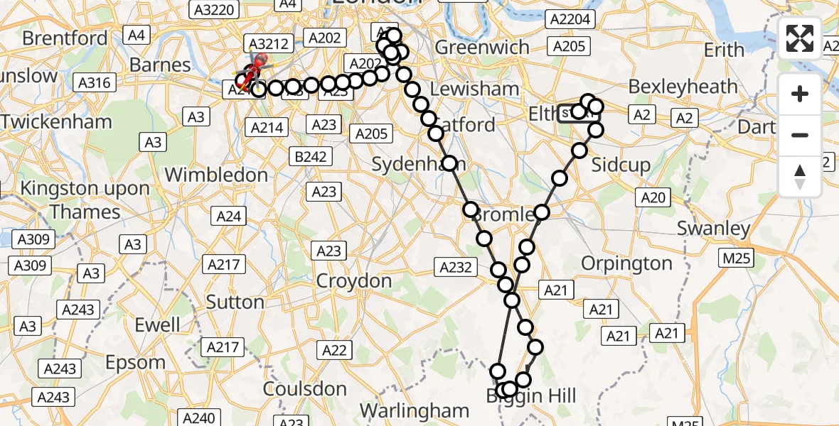 Flight route Air Ambulance Helicopter Avery Hill - London Heliport, 14 July 2026, 10:40