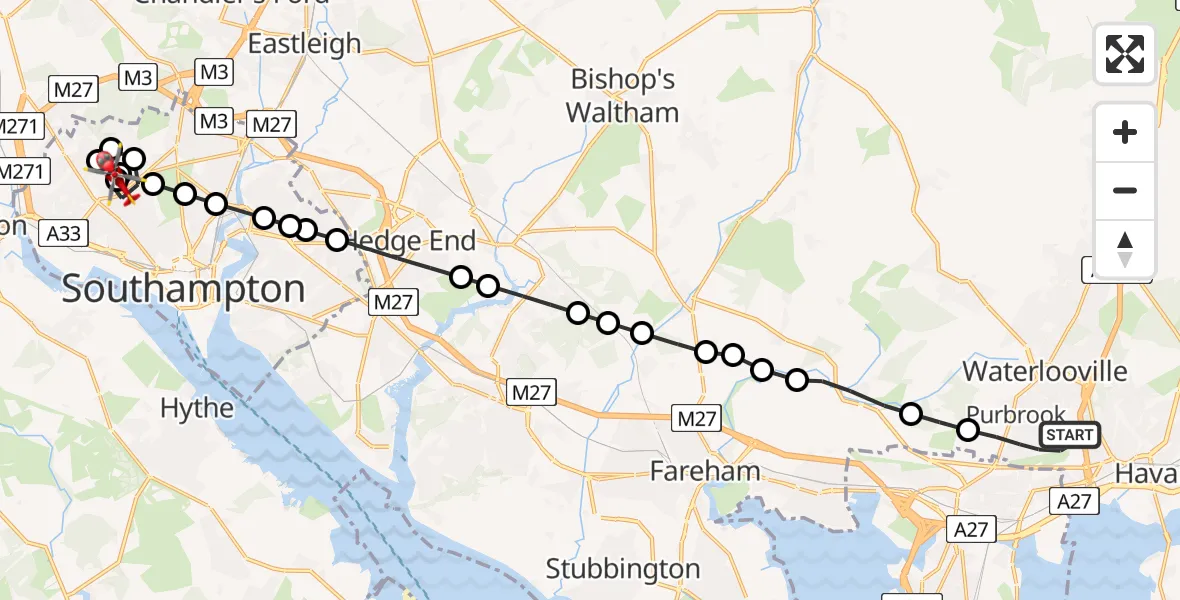 Flight route Air Ambulance Helicopter Havant - University Hospital Southampton, 14 July 2026, 10:50