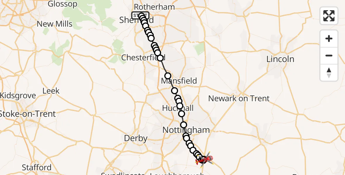 Flight route Air Ambulance Helicopter Atlas - Widmerpool, 14 July 2026, 10:55
