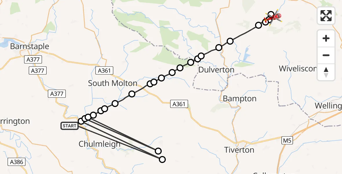 Flight route Air Ambulance Helicopter Burrington - Roadwater, 14 July 2026, 11:07