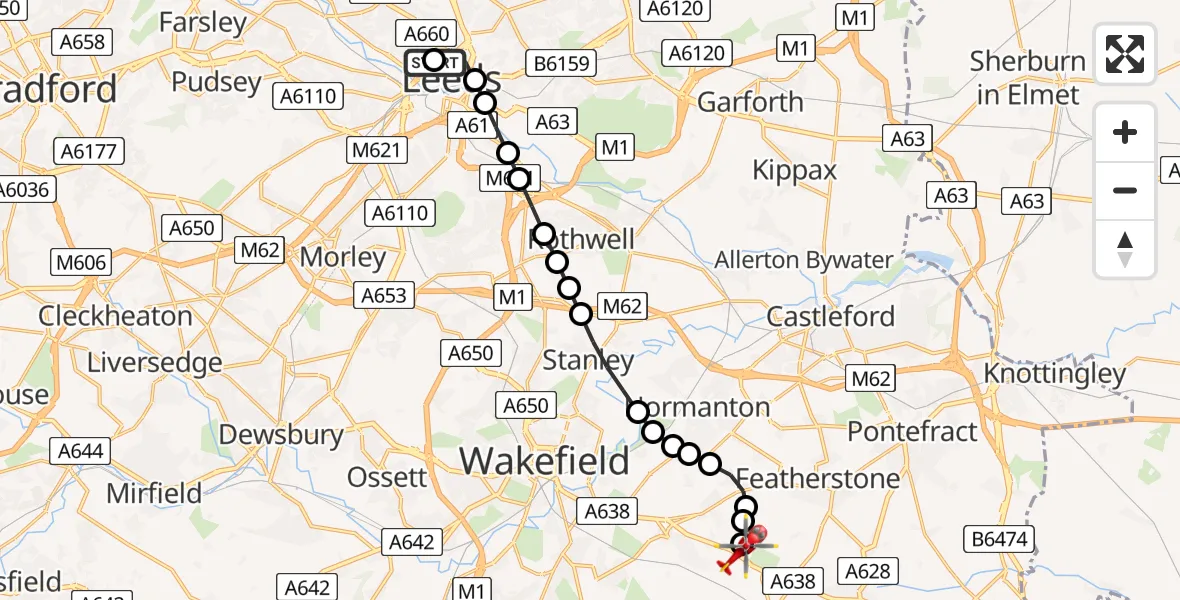 Flight route Air Ambulance Helicopter Woodhouse - YAA Nostell Helicopter Port, 14 July 2026, 11:15