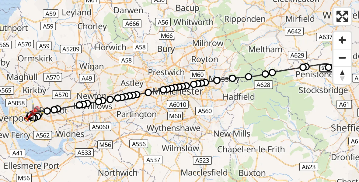 Flight route Air Ambulance Helicopter Barnsley - Knotty Ash, 14 July 2026, 11:15