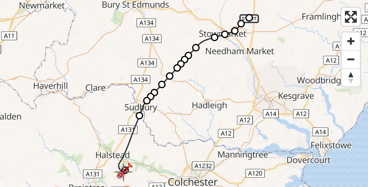 Flight route Air Ambulance Helicopter Stonham Parva - Earls Colne Airfield, 14 July 2026, 11:20