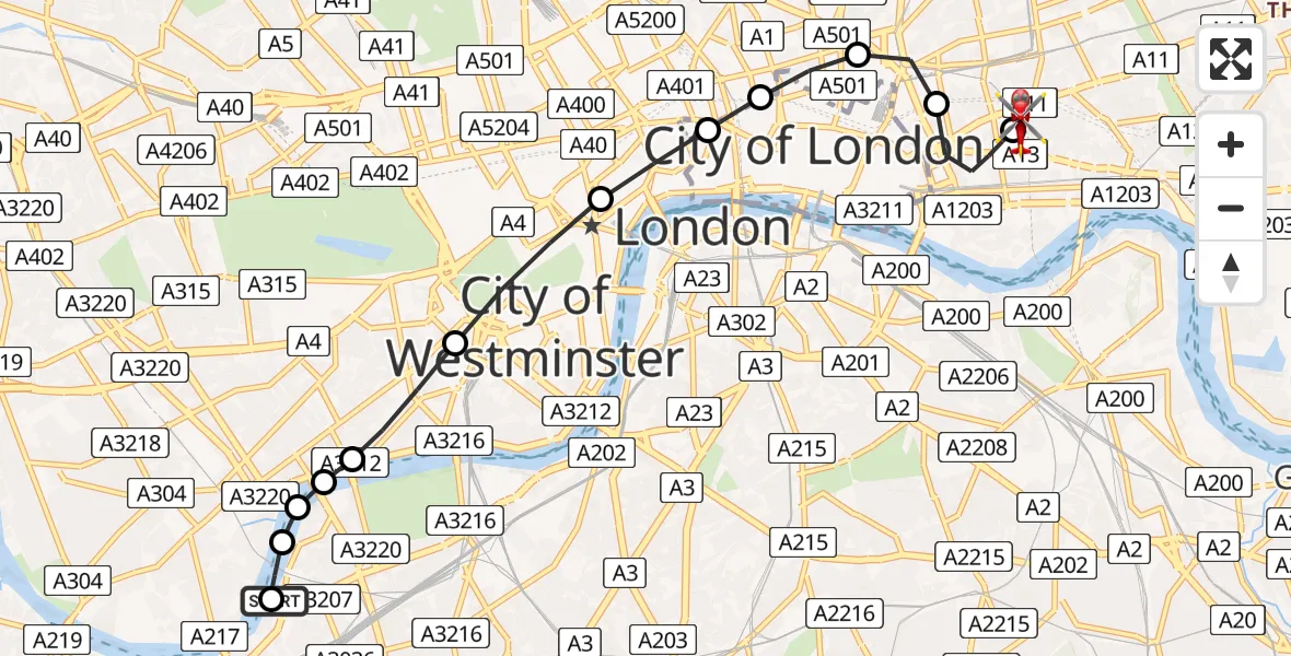 Flight route Air Ambulance Helicopter London Heliport - Royal London Hospital, 14 July 2026, 11:26